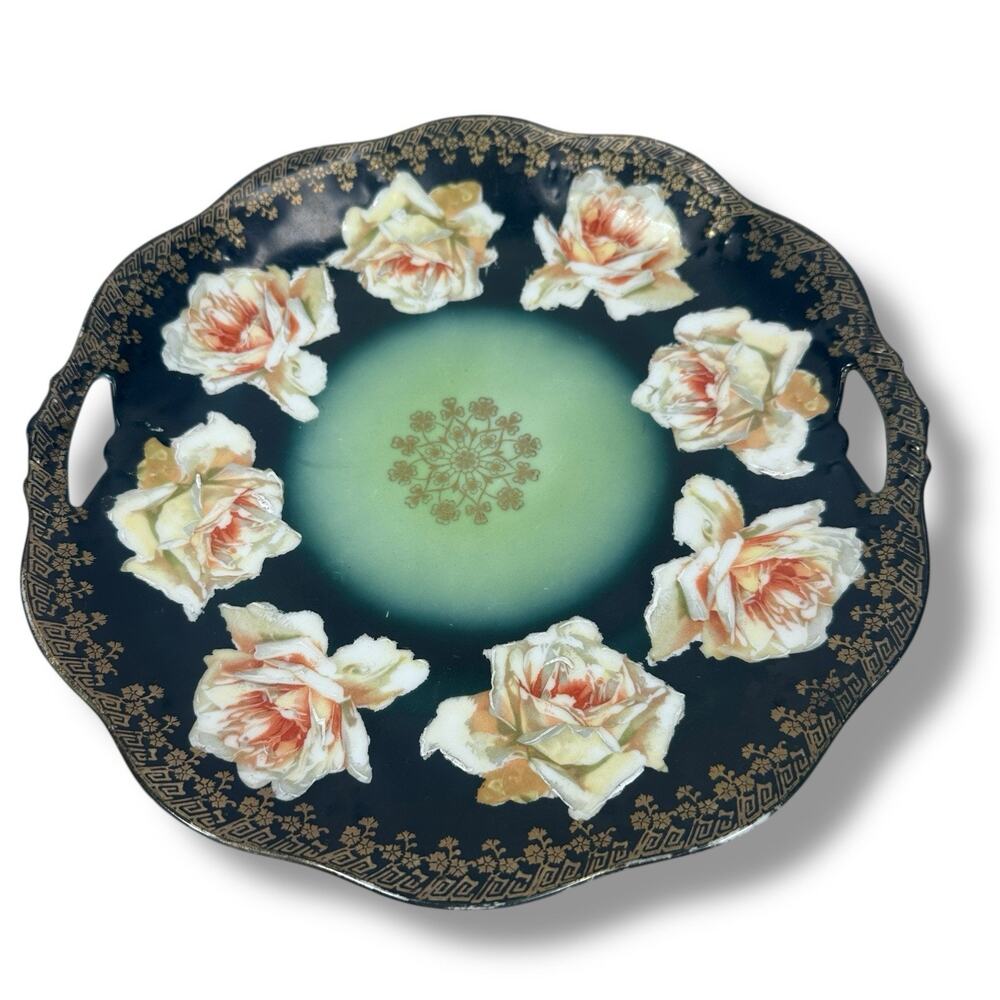 Vintage Mignon Z.S. Bavaria Plate Floral Roses Green Black Gold Handled Serving